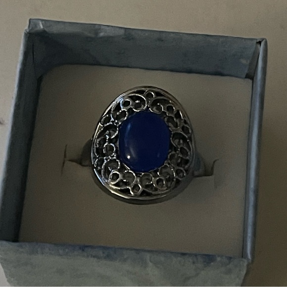 New Handmade Native Sterling Silver Bohemian Natural Dyed Blue Agate Ring - Picture 5 of 7